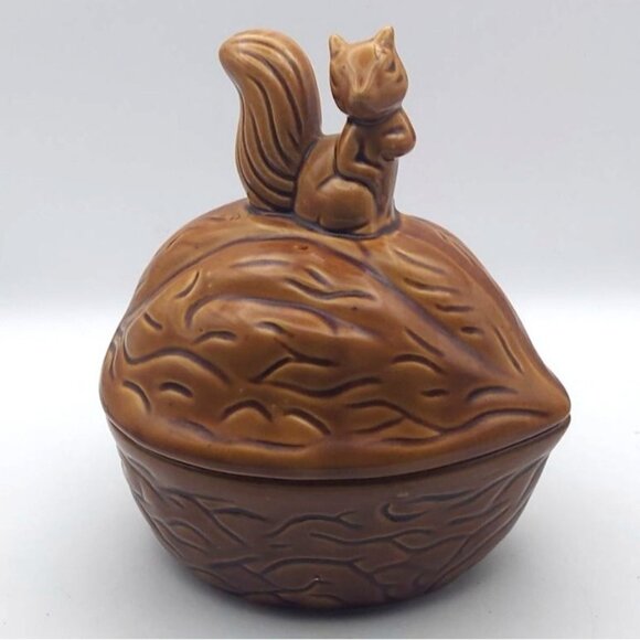 Vintage ROC Taiwan Glazed Ceramic Squirrel On Walnut Lidded Candy Dish - Picture 1 of 8